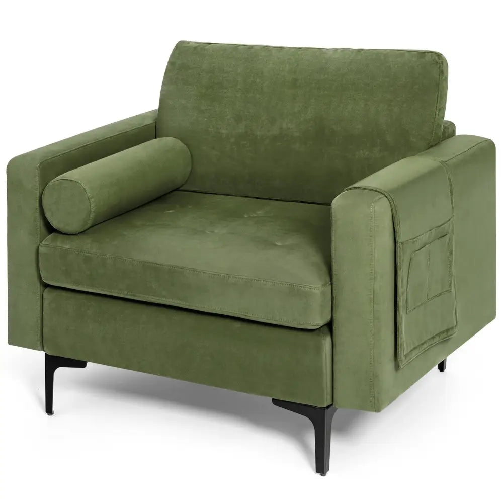 Modern Accent Chair with Bolster and Side Storage Pocket-Army Green - Army Green - Accent Chairs
