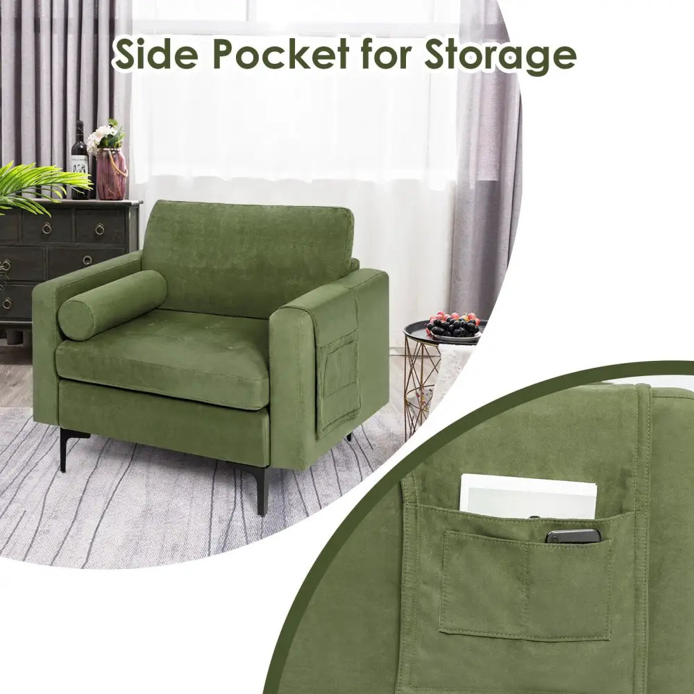 Modern Accent Chair with Bolster and Side Storage Pocket-Army Green - Army Green - Accent Chairs