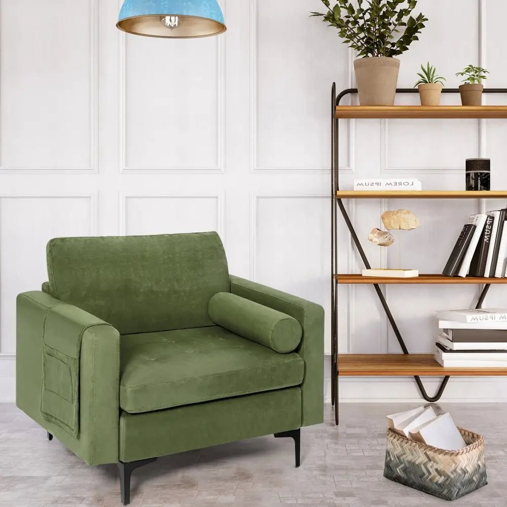 Modern Accent Chair with Bolster and Side Storage Pocket-Army Green - Army Green - Accent Chairs