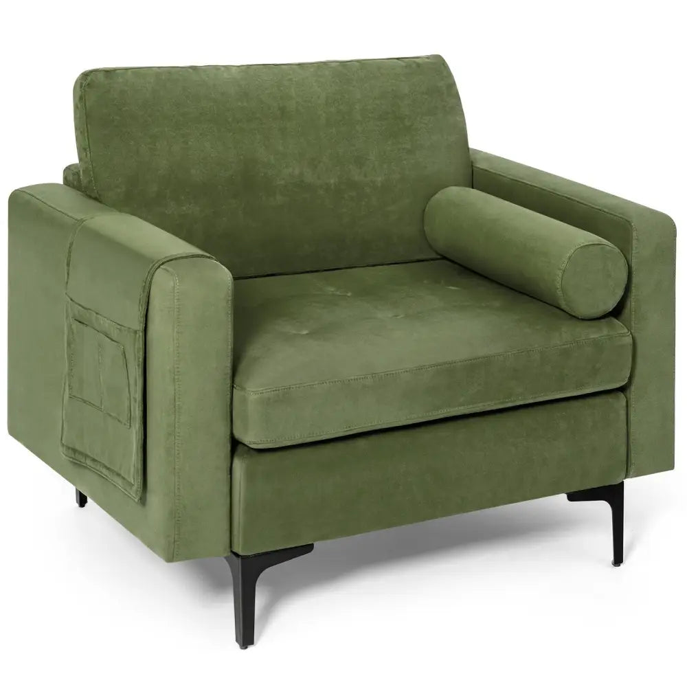 Modern Accent Chair with Bolster and Side Storage Pocket-Army Green - Army Green - Accent Chairs