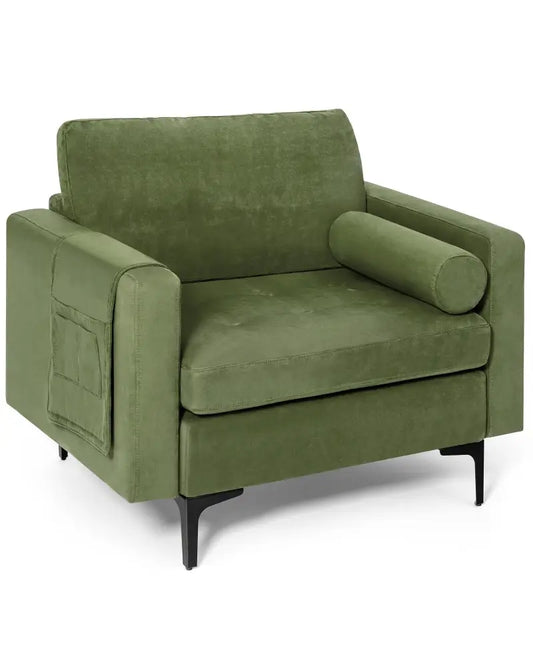 Modern Accent Chair with Bolster and Side Storage Pocket-Army Green - Army Green - Accent Chairs
