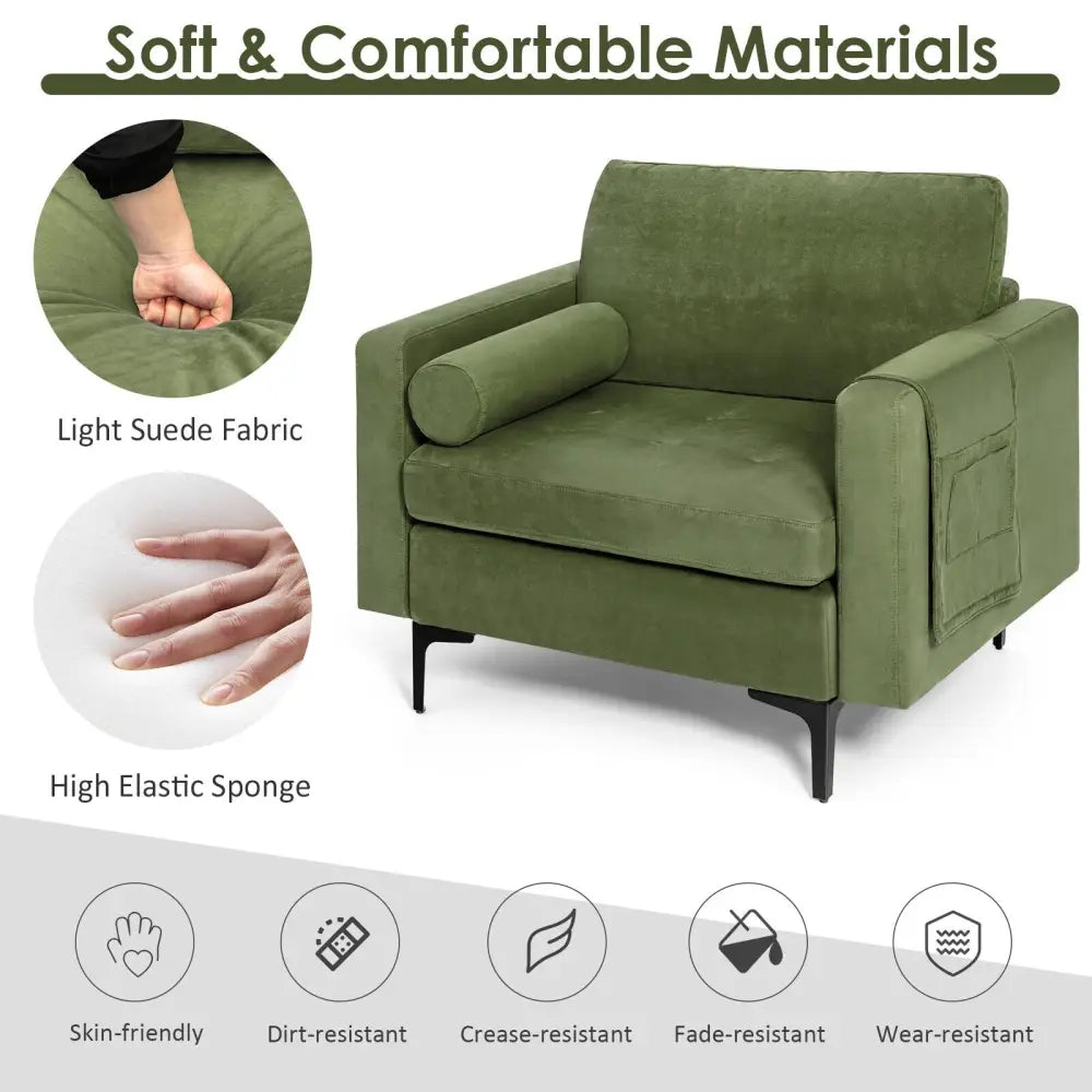 Modern Accent Chair with Bolster and Side Storage Pocket-Army Green - Army Green - Accent Chairs