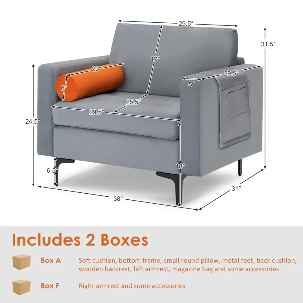 Modern Accent Chair with Bolster and Side Storage Pocket-Gray - Gray - Accent Chairs