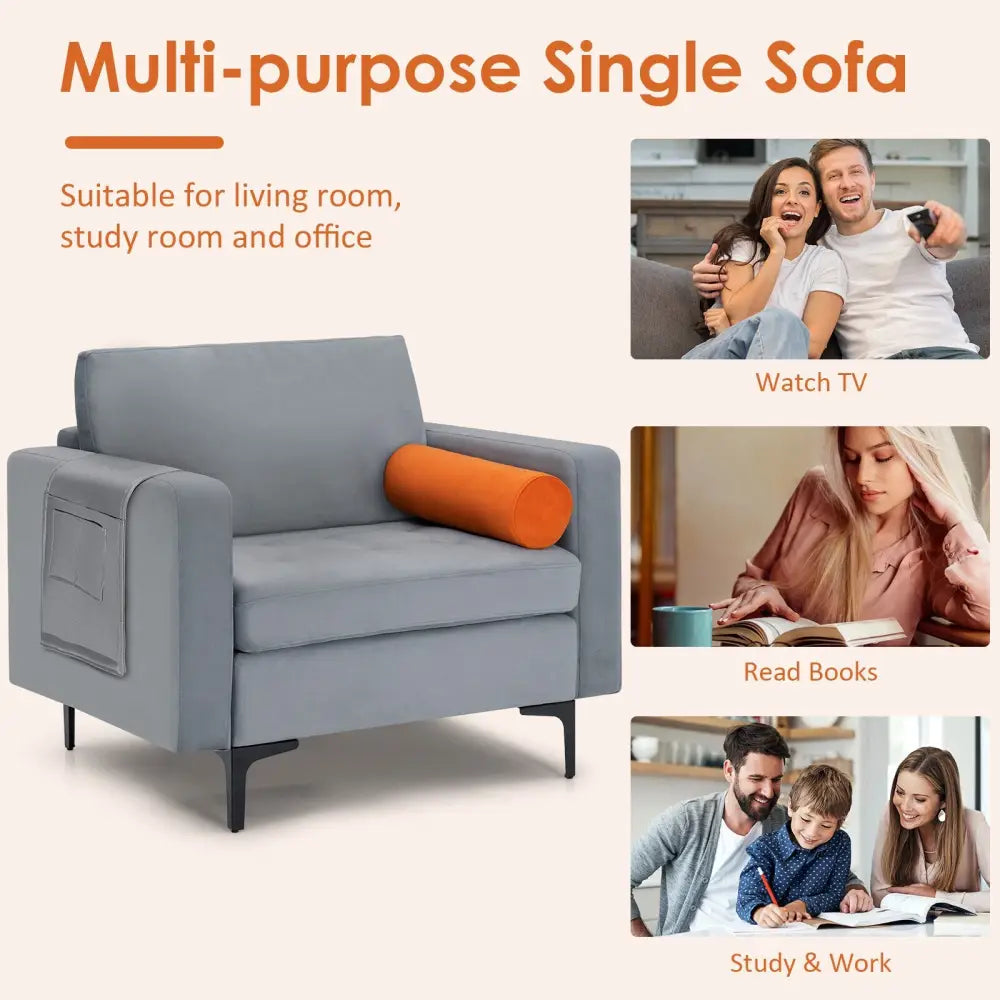 Modern Accent Chair with Bolster and Side Storage Pocket-Gray - Gray - Accent Chairs
