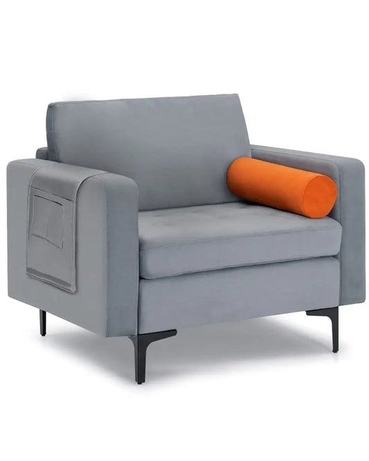 Modern Accent Chair with Bolster and Side Storage Pocket-Gray - Gray - Accent Chairs