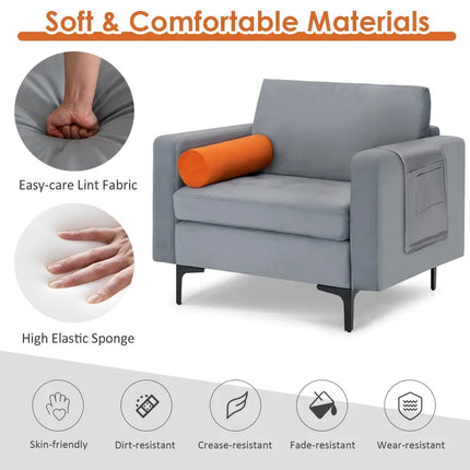 Modern Accent Chair with Bolster and Side Storage Pocket-Gray - Gray - Living Room