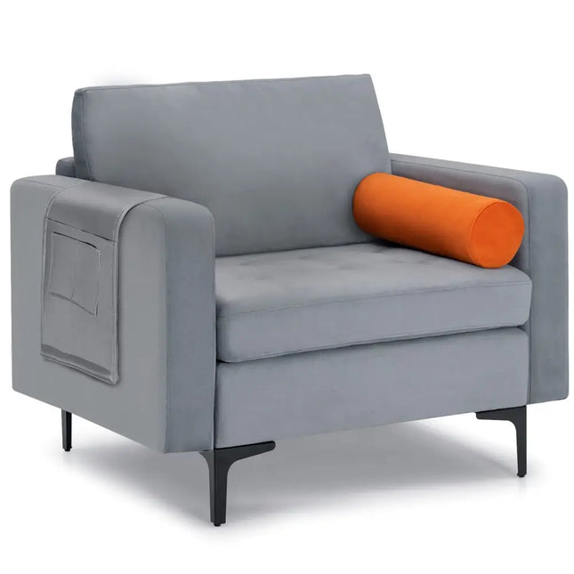 Modern Accent Chair with Bolster and Side Storage Pocket-Gray - Gray - Living Room