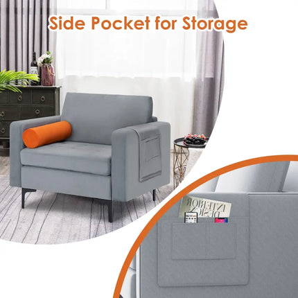 Modern Accent Chair with Bolster and Side Storage Pocket-Gray - Gray - Living Room