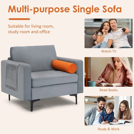 Modern Accent Chair with Bolster and Side Storage Pocket-Gray - Gray - Living Room