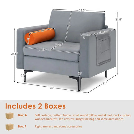 Modern Accent Chair with Bolster and Side Storage Pocket-Gray - Gray - Living Room