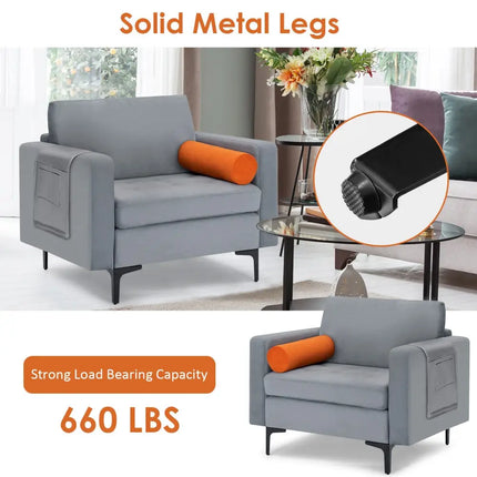Modern Accent Chair with Bolster and Side Storage Pocket-Gray - Gray - Living Room