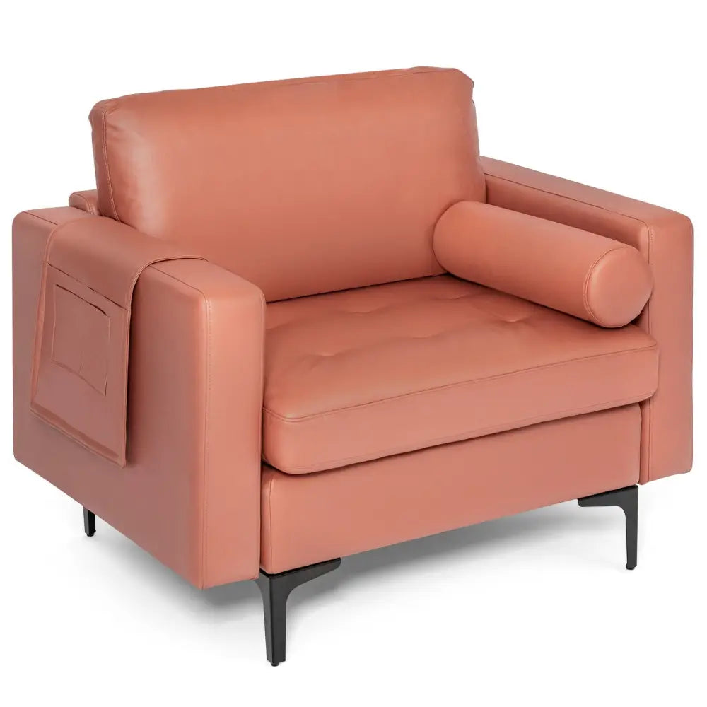 Modern Accent Chair with Bolster and Side Storage Pocket-Pink - Pink - Accent Chairs