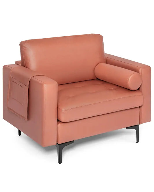 Modern Accent Chair with Bolster and Side Storage Pocket-Pink - Pink - Accent Chairs