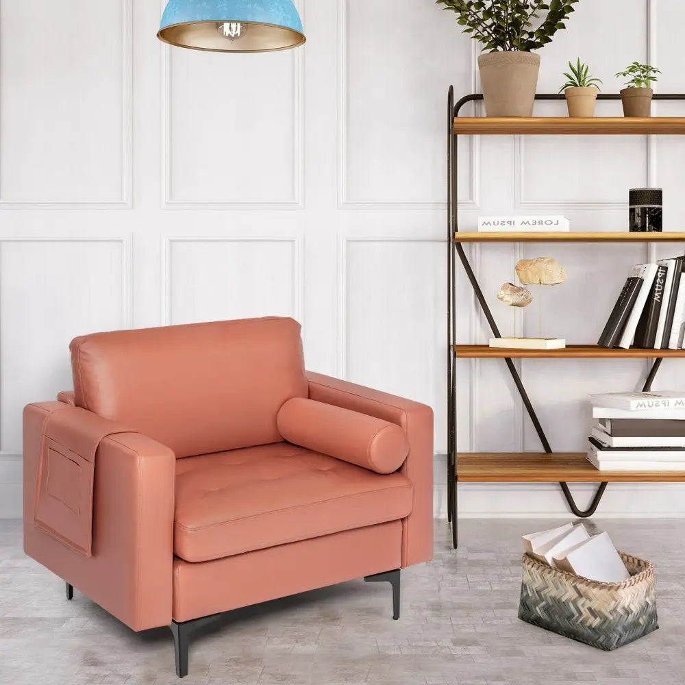 Modern Accent Chair with Bolster and Side Storage Pocket-Pink - Pink - Accent Chairs