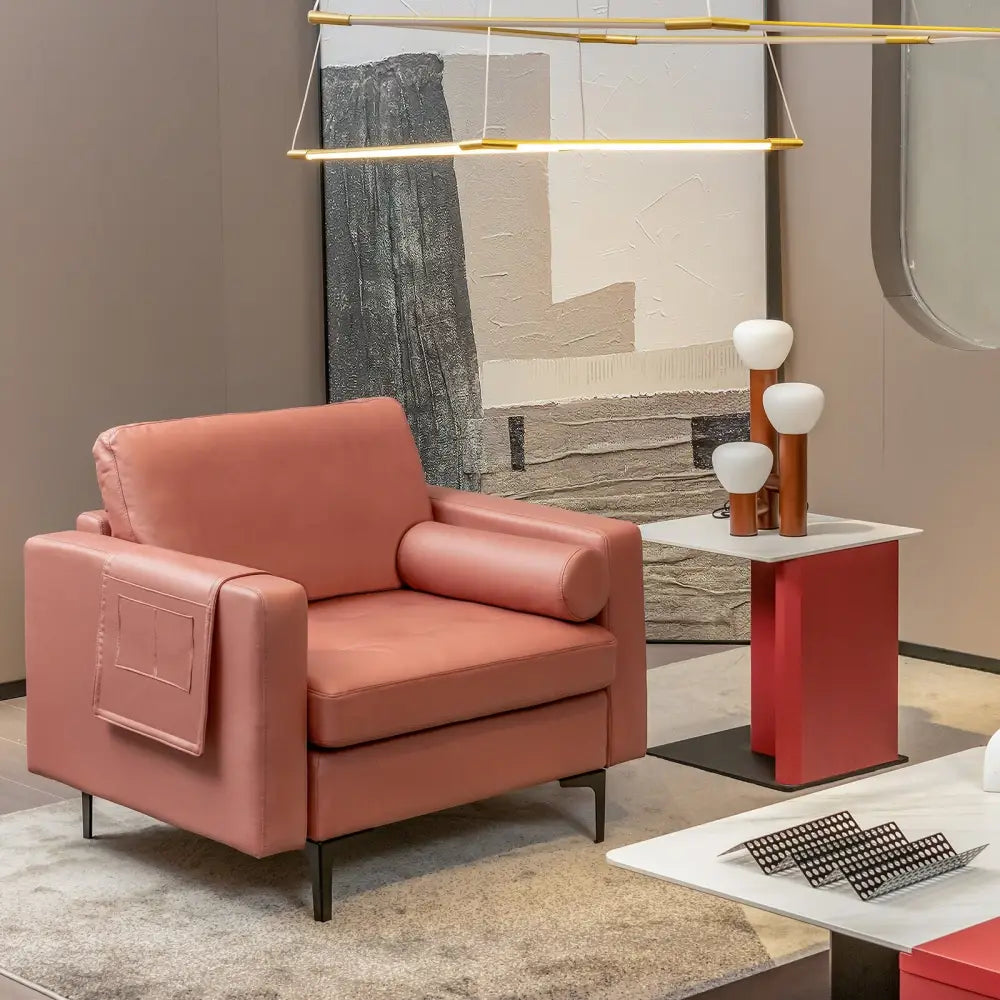 Modern Accent Chair with Bolster and Side Storage Pocket-Pink - Pink - Accent Chairs