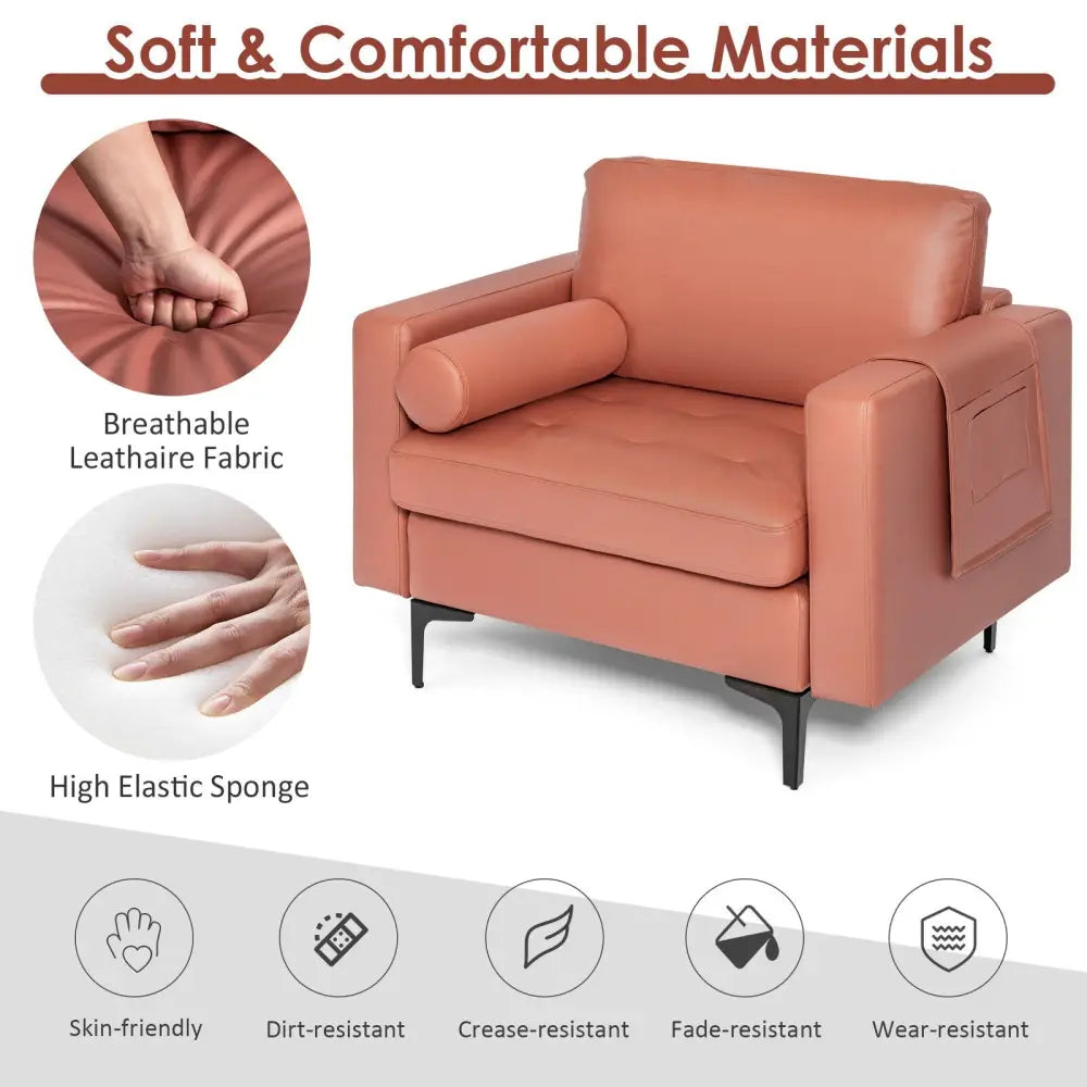 Modern Accent Chair with Bolster and Side Storage Pocket-Pink - Pink - Accent Chairs
