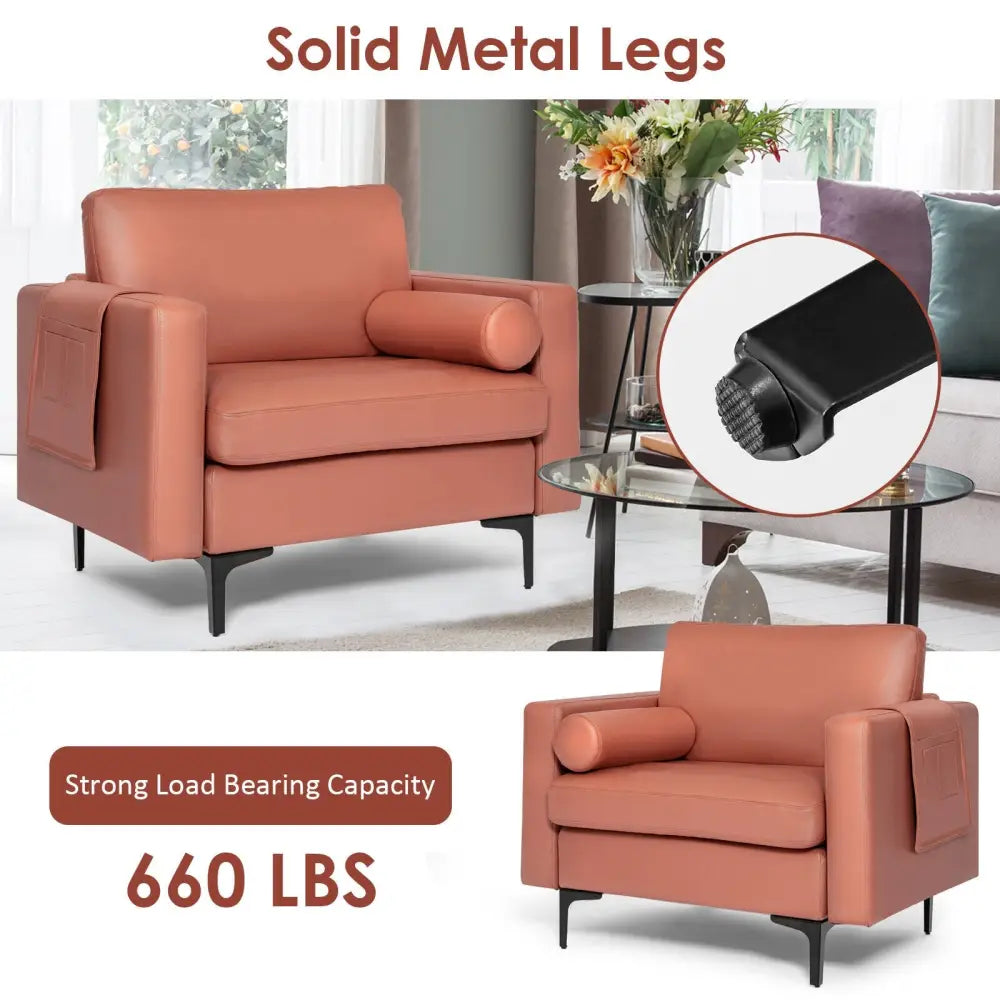 Modern Accent Chair with Bolster and Side Storage Pocket-Pink - Pink - Accent Chairs
