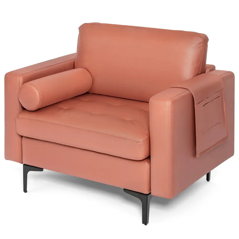 Modern Accent Chair with Bolster and Side Storage Pocket-Pink - Pink - Accent Chairs