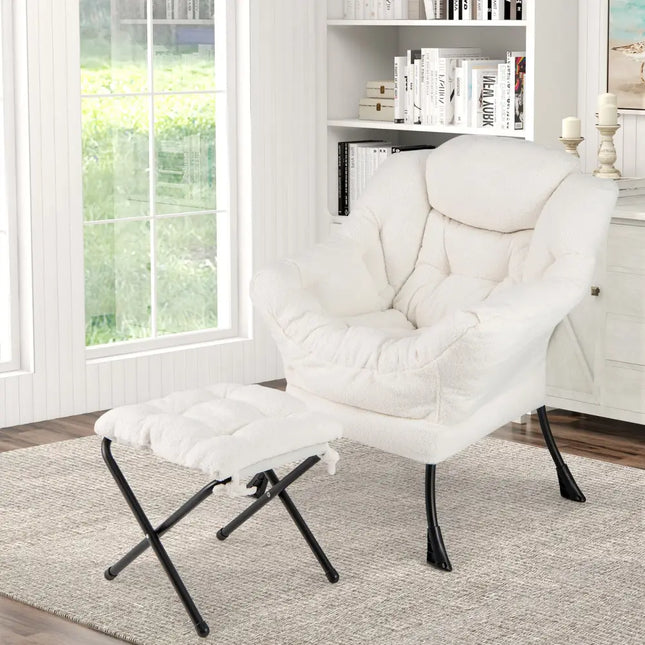 Modern Accent Chair with Folding Footrest and Head Pillow-Beige - Beige - Accent Chairs