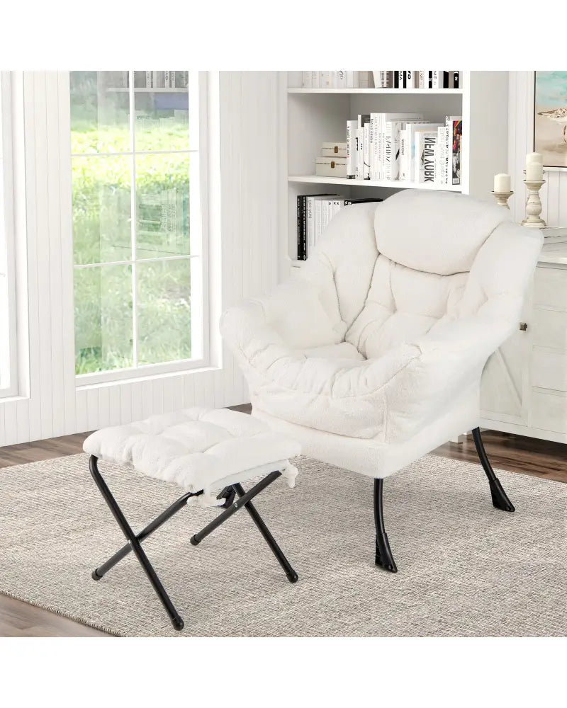 Modern Accent Chair with Folding Footrest and Head Pillow-Beige - Beige - Accent Chairs