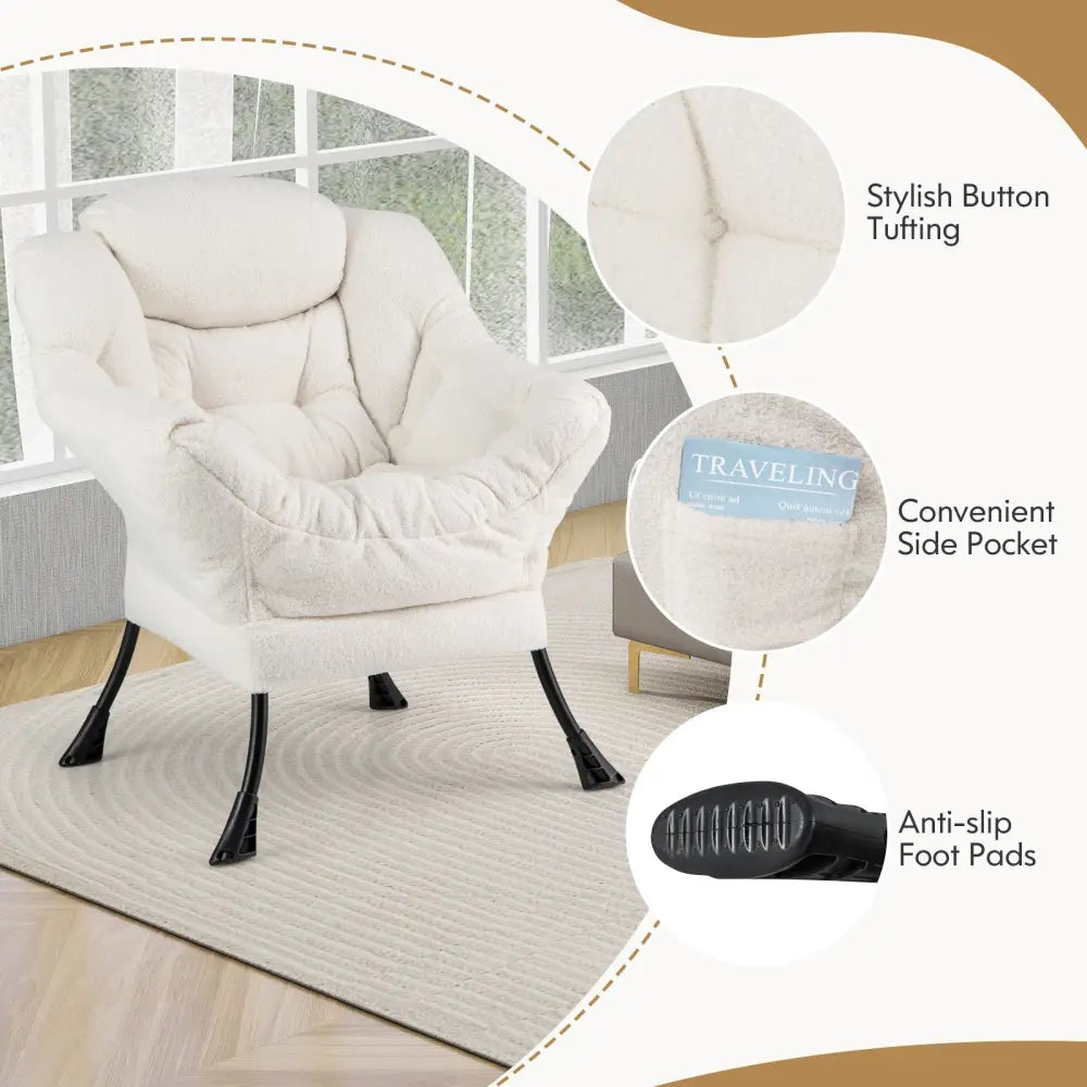 Modern Accent Chair with Folding Footrest and Head Pillow-Beige - Beige - Accent Chairs