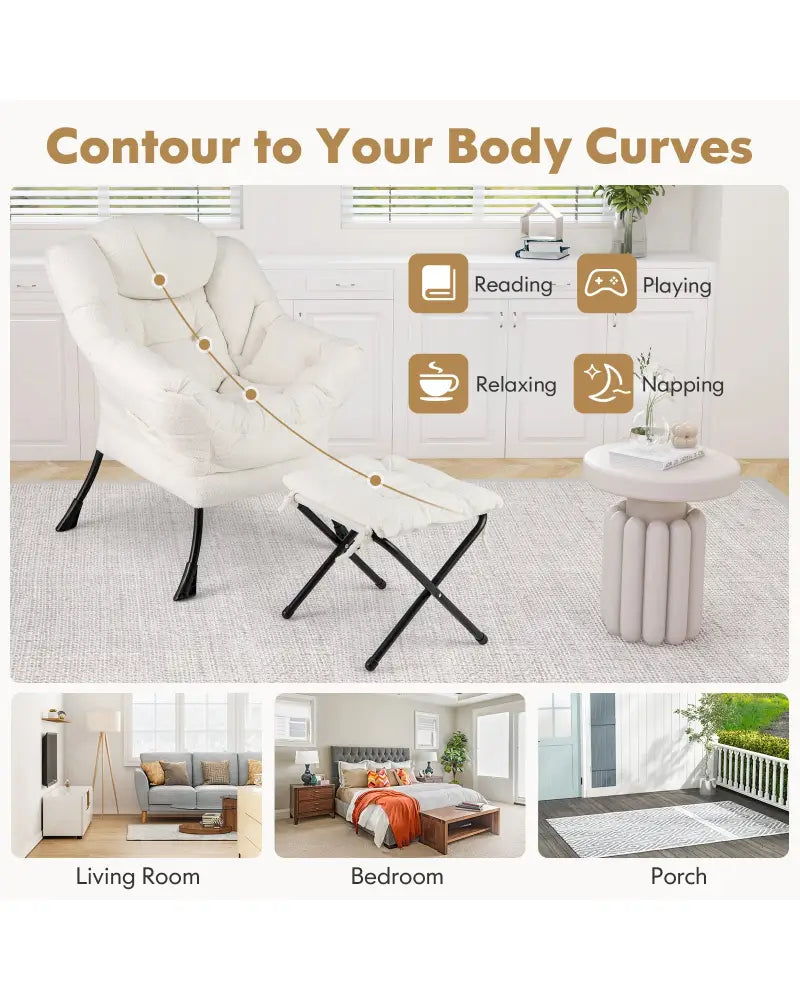 Modern Accent Chair with Folding Footrest and Head Pillow-Beige - Beige - Accent Chairs