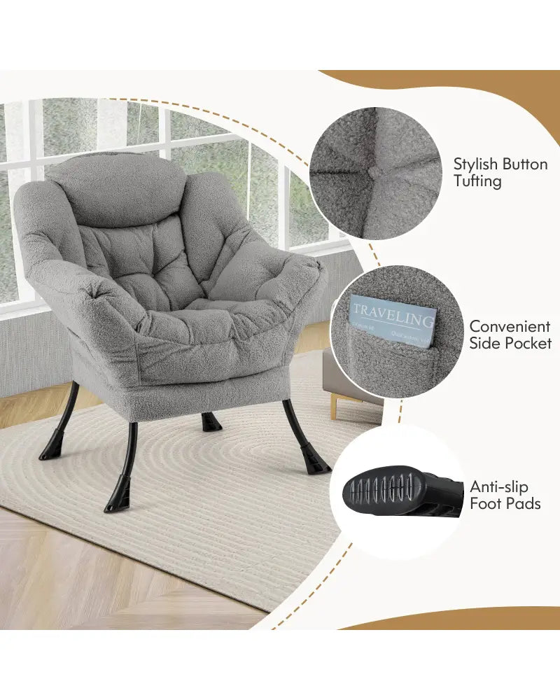 Modern Accent Chair with Folding Footrest and Head Pillow-Gray - Gray - Accent Chairs