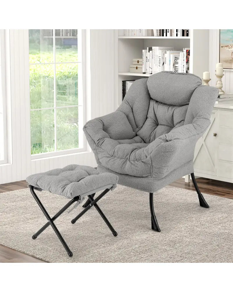 Modern Accent Chair with Folding Footrest and Head Pillow-Gray - Gray - Accent Chairs