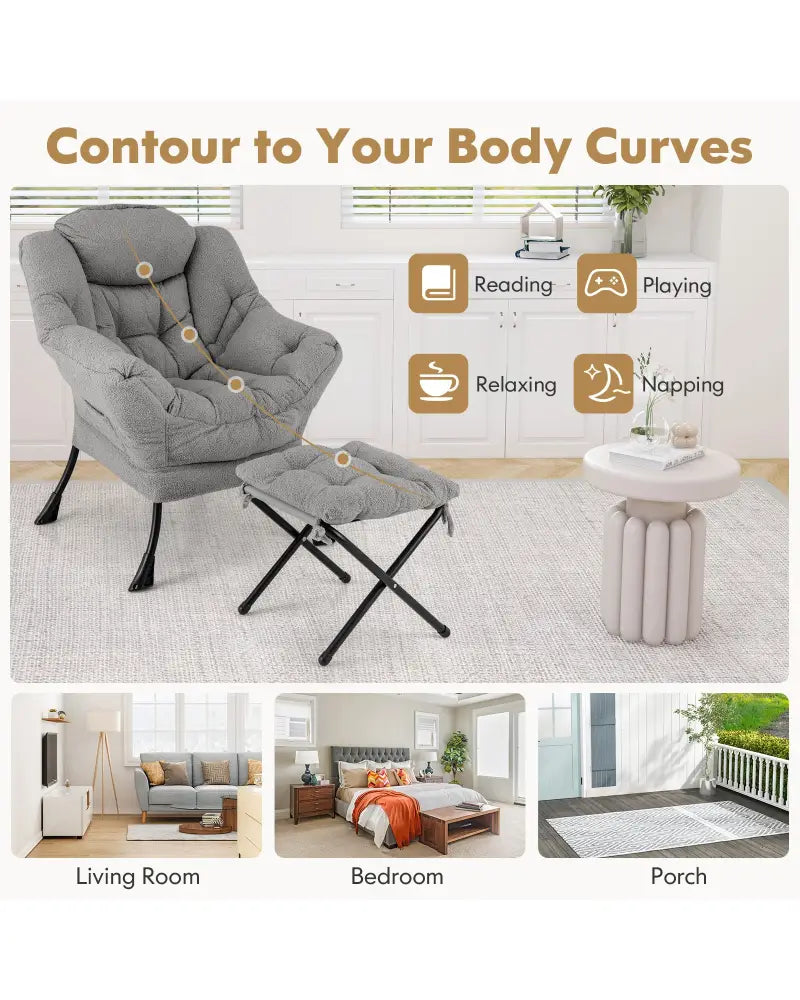 Modern Accent Chair with Folding Footrest and Head Pillow-Gray - Gray - Accent Chairs