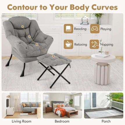 Modern Accent Chair with Folding Footrest and Head Pillow-Gray - Gray - Accent Chairs