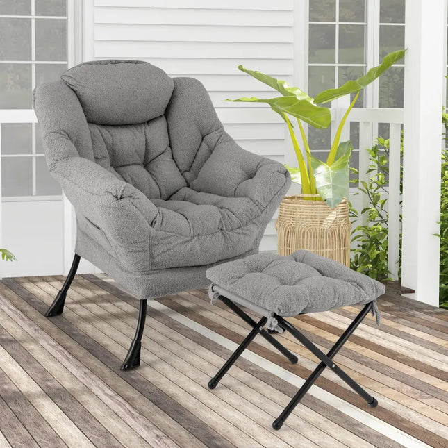 Modern Accent Chair with Folding Footrest and Head Pillow-Gray - Gray - Accent Chairs