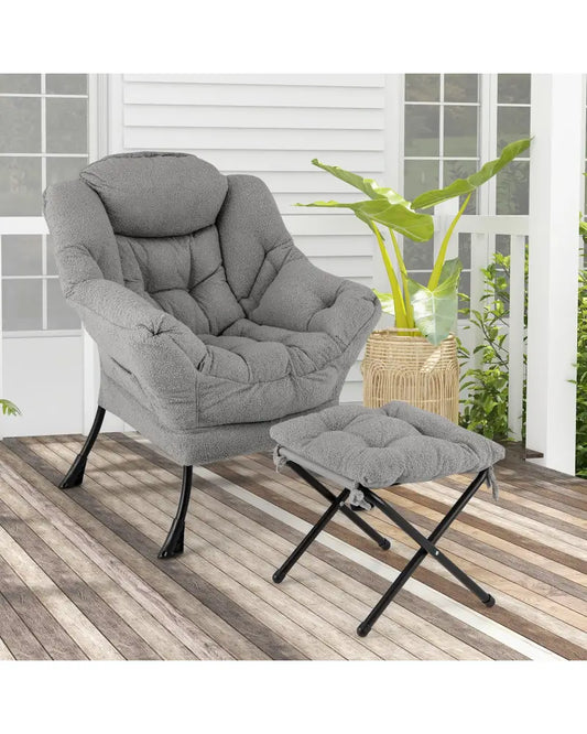Modern Accent Chair with Folding Footrest and Head Pillow-Gray - Gray - Accent Chairs