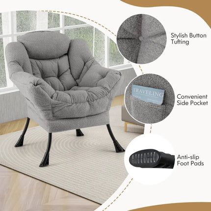Modern Accent Chair with Folding Footrest and Head Pillow-Gray - Gray - Accent Chairs