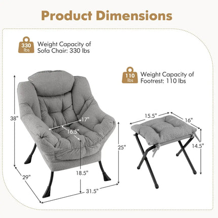 Modern Accent Chair with Folding Footrest and Head Pillow-Gray - Gray - Accent Chairs
