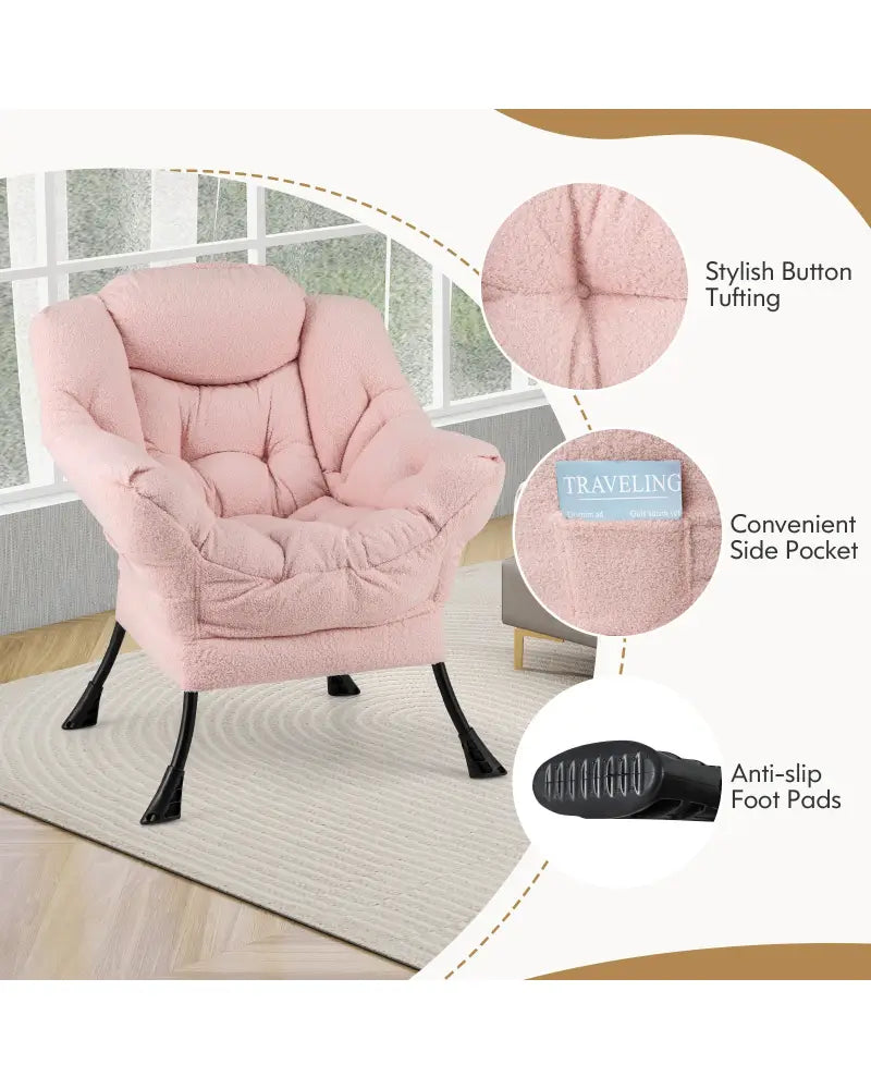 Modern Accent Chair with Folding Footrest and Head Pillow-Pink - Pink - Accent Chairs