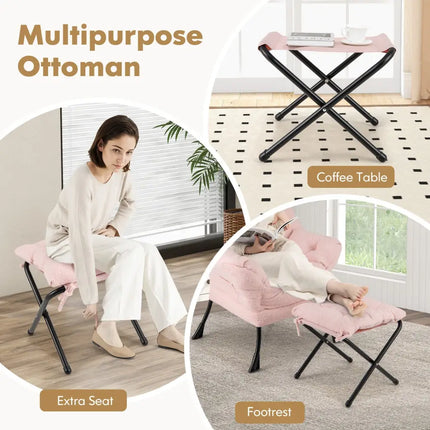 Modern Accent Chair with Folding Footrest and Head Pillow-Pink - Pink - Accent Chairs