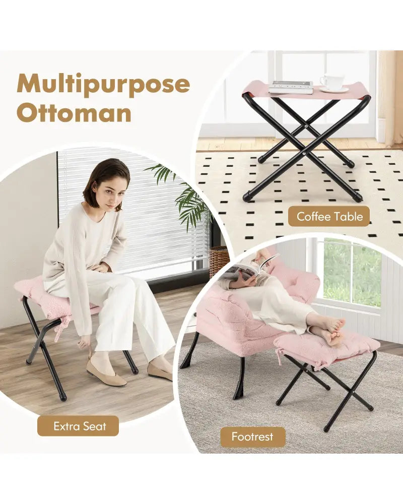 Modern Accent Chair with Folding Footrest and Head Pillow-Pink - Pink - Accent Chairs