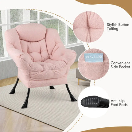 Modern Accent Chair with Folding Footrest and Head Pillow-Pink - Pink - Accent Chairs