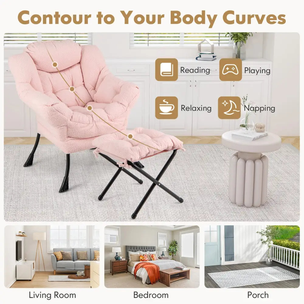 Modern Accent Chair with Folding Footrest and Head Pillow-Pink - Pink - Accent Chairs