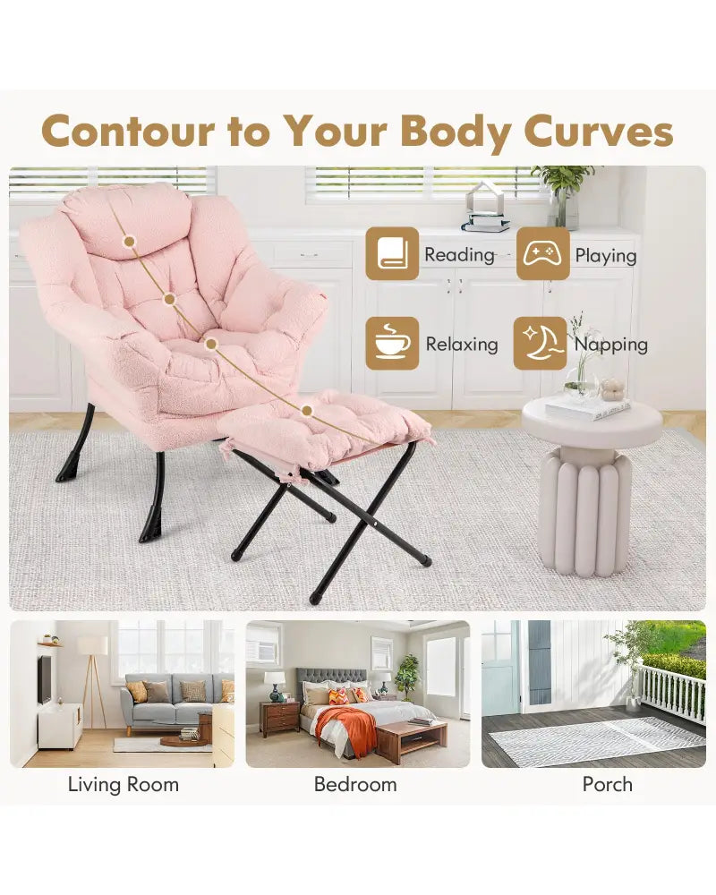 Modern Accent Chair with Folding Footrest and Head Pillow-Pink - Pink - Accent Chairs