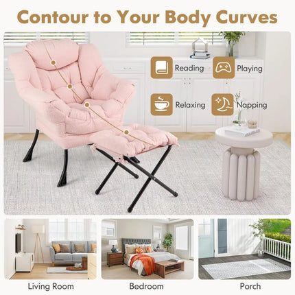 Modern Accent Chair with Folding Footrest and Head Pillow-Pink - Pink - Accent Chairs