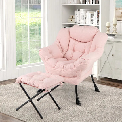 Modern Accent Chair with Folding Footrest and Head Pillow-Pink - Pink - Accent Chairs