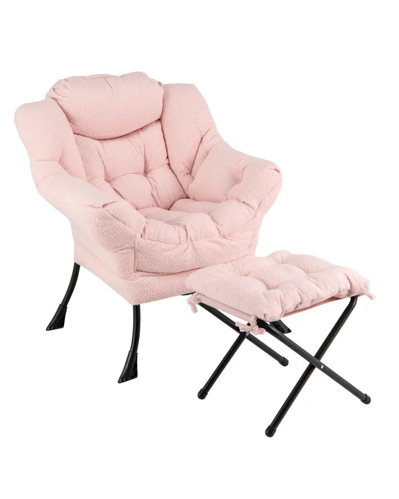 Modern Accent Chair with Folding Footrest and Head Pillow-Pink - Pink - Accent Chairs