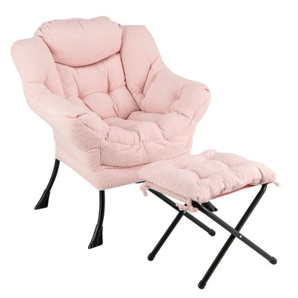 Modern Accent Chair with Folding Footrest and Head Pillow-Pink - Pink - Accent Chairs