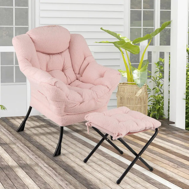 Modern Accent Chair with Folding Footrest and Head Pillow-Pink - Pink - Accent Chairs