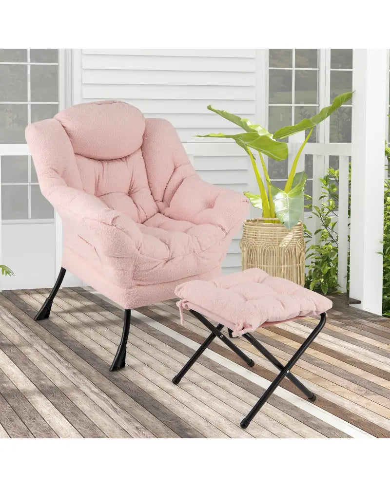 Modern Accent Chair with Folding Footrest and Head Pillow-Pink - Pink - Accent Chairs