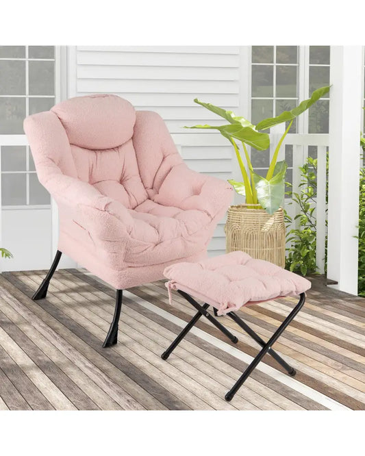Modern Accent Chair with Folding Footrest and Head Pillow-Pink - Pink - Accent Chairs
