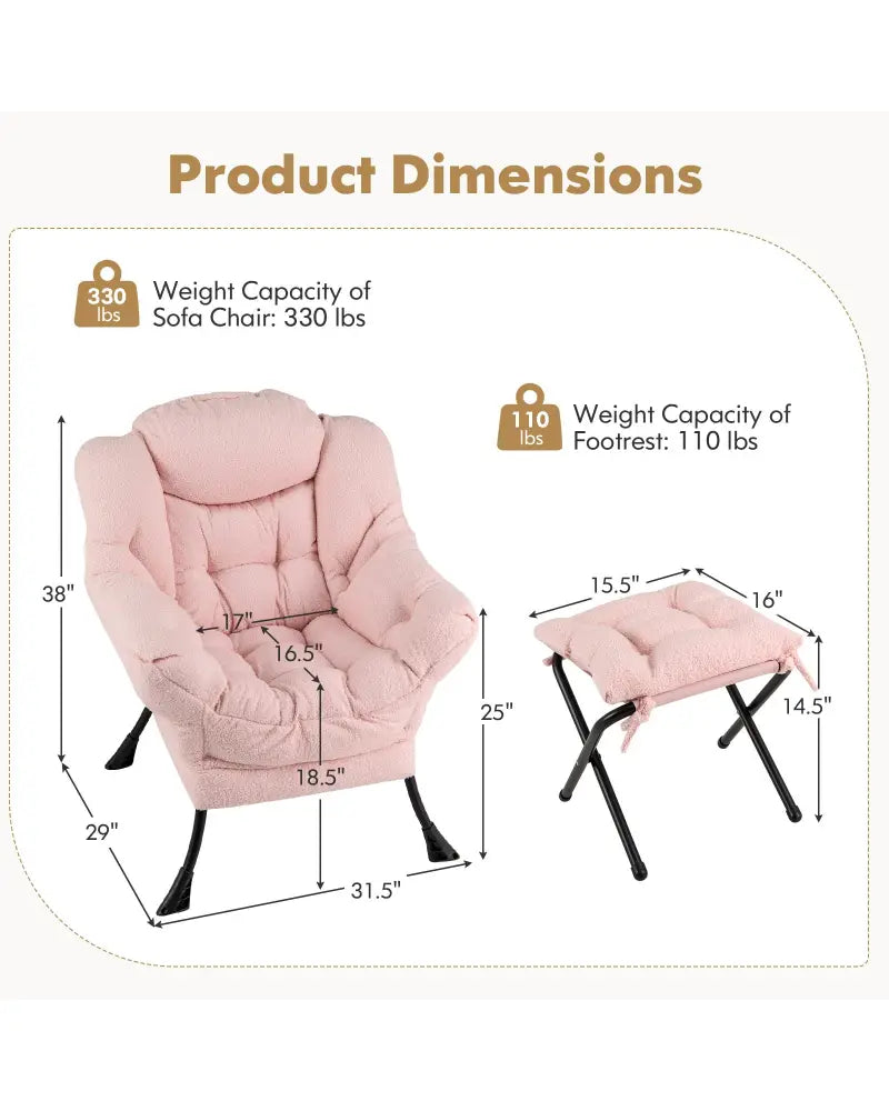 Modern Accent Chair with Folding Footrest and Head Pillow-Pink - Pink - Accent Chairs