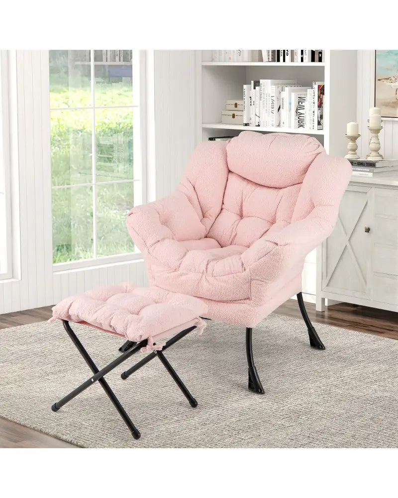 Modern Accent Chair with Folding Footrest and Head Pillow-Pink - Pink - Accent Chairs