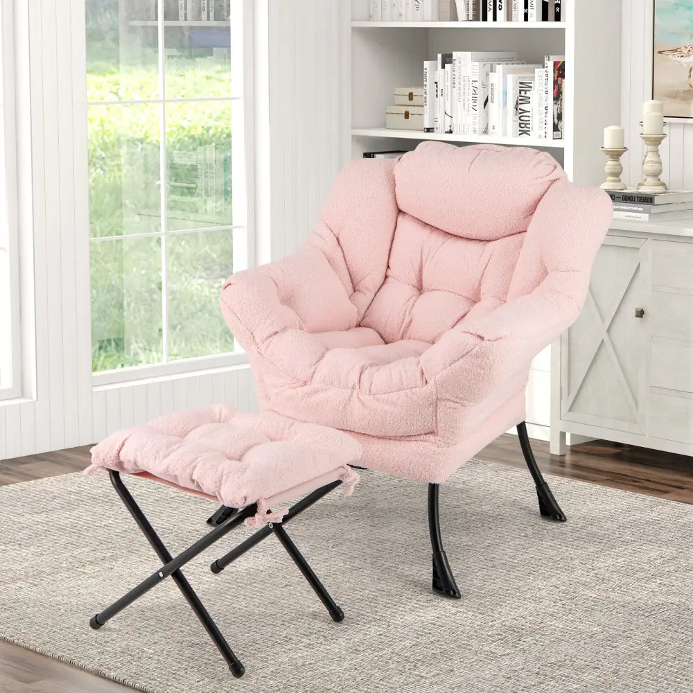 Modern Accent Chair with Folding Footrest and Head Pillow-Pink - Pink - Accent Chairs